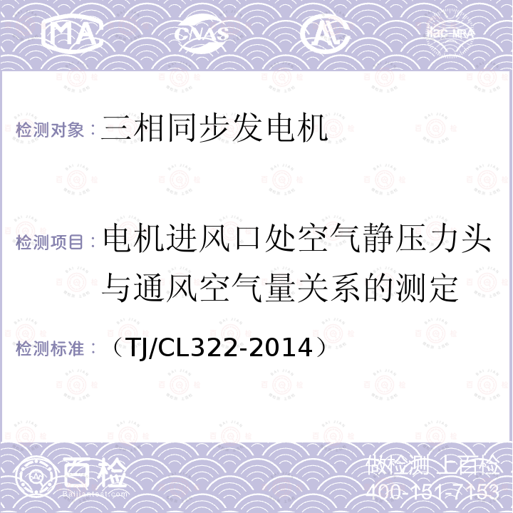 电机进风口处空气静压力头与通风空气量关系的测定 （TJ/CL322-2014） 动车组牵引电机暂行技术条件