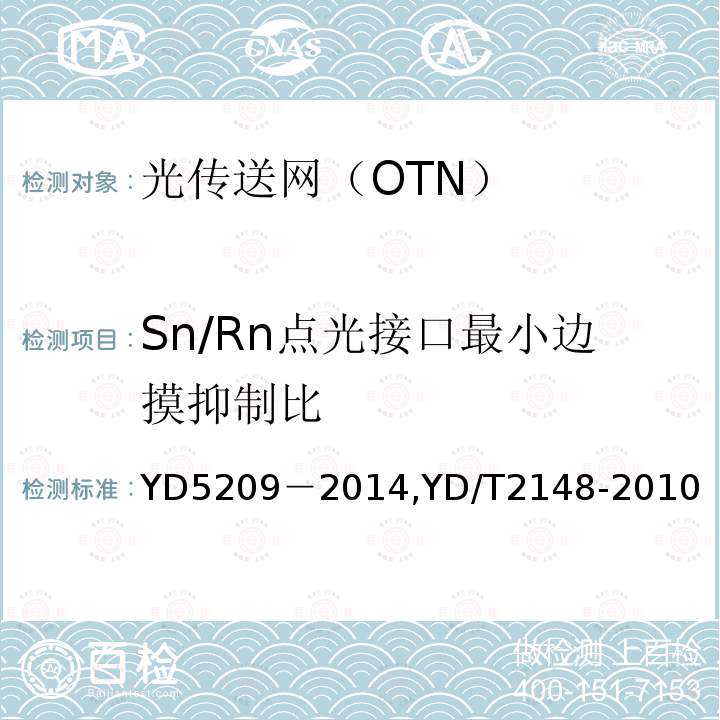 Sn/Rn点光接口最小边摸抑制比 YD 5209-2014 光传送网(OTN)工程验收暂行规定(附条文说明)