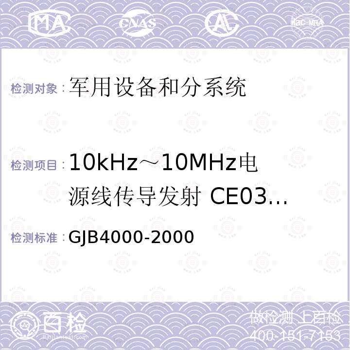 10kHz～10MHz电源线传导发射 CE03/CE102 舰船通用规范
