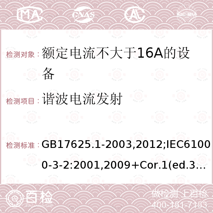 谐波电流发射 电磁兼容 限值 谐波电流发射限值 (设备每相输入电流≤16A)