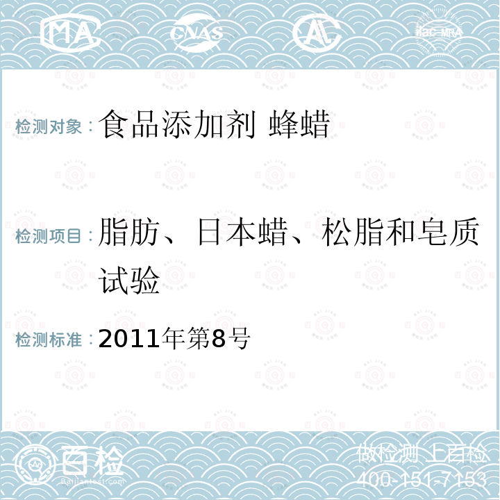 脂肪、日本蜡、松脂和皂质试验 卫生部关于指定D-甘露糖醇等58个食品添加剂产品标准的公告 （指定标准-24蜂蜡）