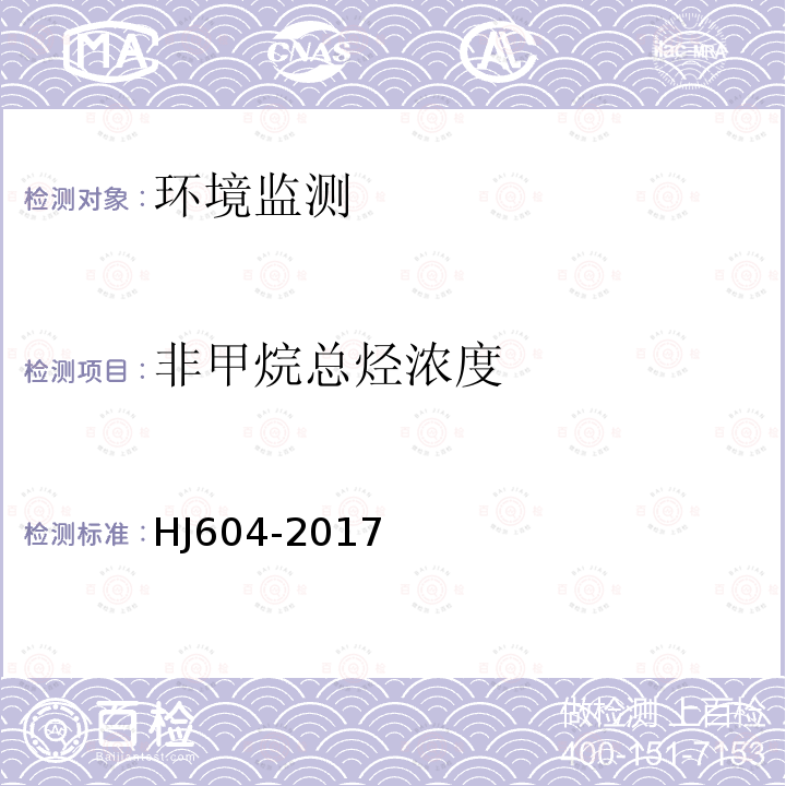 非甲烷总烃浓度 HJ 604-2017 环境空气 总烃、甲烷和非甲烷总烃的测定 直接进样-气相色谱法