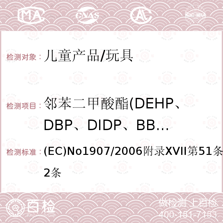 邻苯二甲酸酯(DEHP、DBP、DIDP、BBP、DINP、DNOP、DIBP、DPENP、DCHP、DHEXP) (EC)No1907/2006附录XVII第51条和52条 关于化学品注册、评估、授权和限制制度