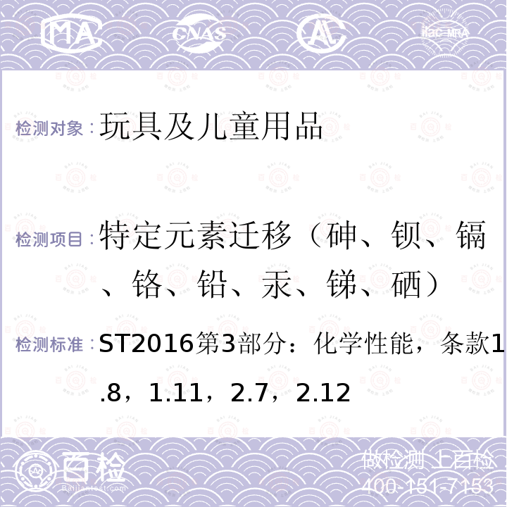 特定元素迁移（砷、钡、镉、铬、铅、汞、锑、硒） 日本玩具协会 玩具安全标准