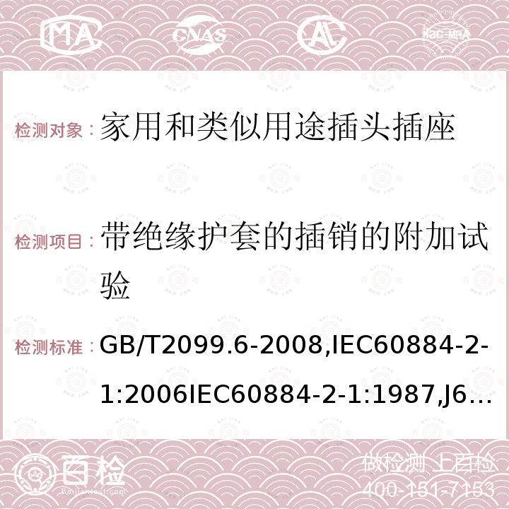 带绝缘护套的插销的附加试验 家用和类似用途插头插座 第2部分第1节:带熔断器插头的特殊要求