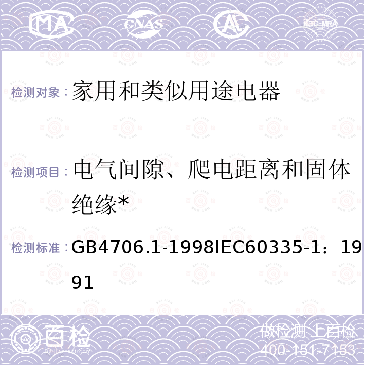 电气间隙、爬电距离和固体绝缘* 家用和类似用途电器的安全 第1部分：通用要求 
GB 4706.1-1998
IEC 60335-1：1991