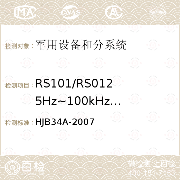RS101/RS01
25Hz~100kHz
磁场辐射敏感度 HJB 34A-2007 舰船电磁兼容性要求