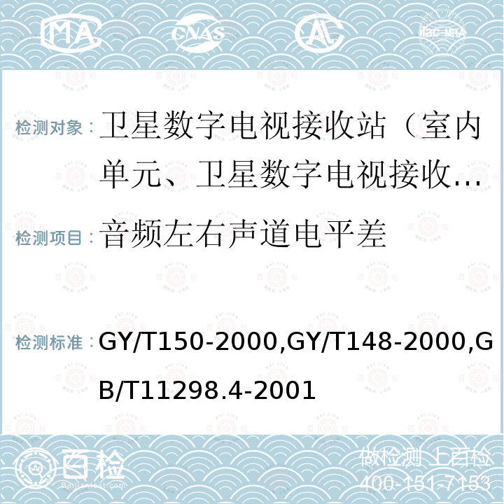 音频左右声道电平差 卫星数字电视接收站测量方法——室内单元测量,
卫星数字电视接收机技术要求,
卫星电视地球接收站测量方法室内单元测量