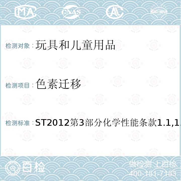 色素迁移 ST2012第3部分化学性能条款1.1,1.8,2.1 日本玩具协会 玩具安全标准