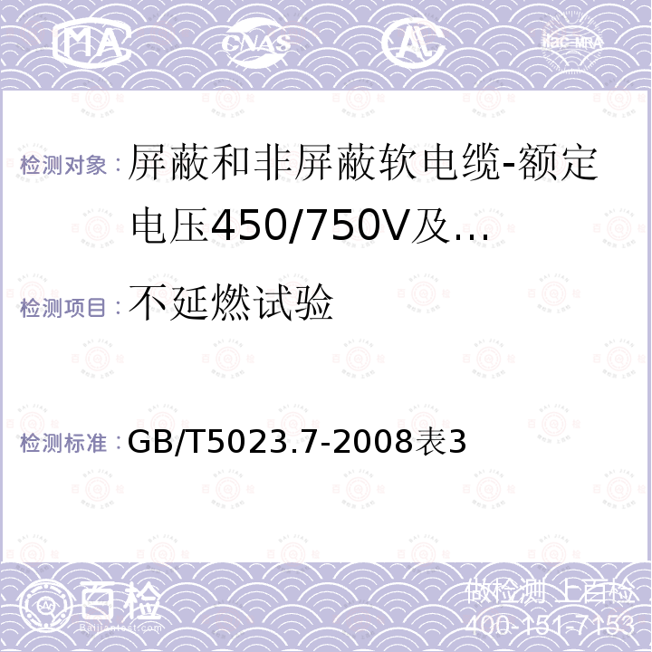 不延燃试验 额定电压450/750V及以下聚氯乙烯绝缘电缆第7部分：二芯或多芯屏蔽和非屏蔽软电缆