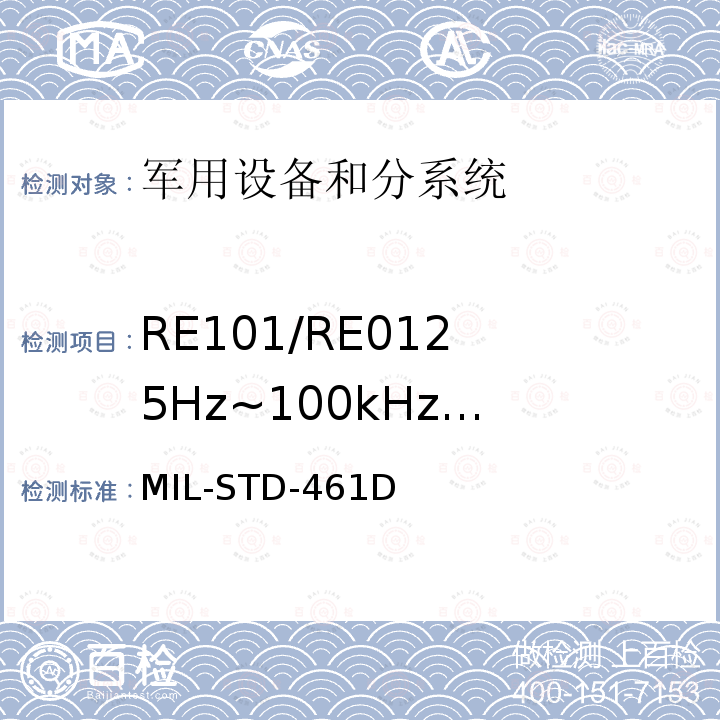 RE101/RE01
25Hz~100kHz
磁场辐射发射 电磁干扰发射和敏感度
控制要求