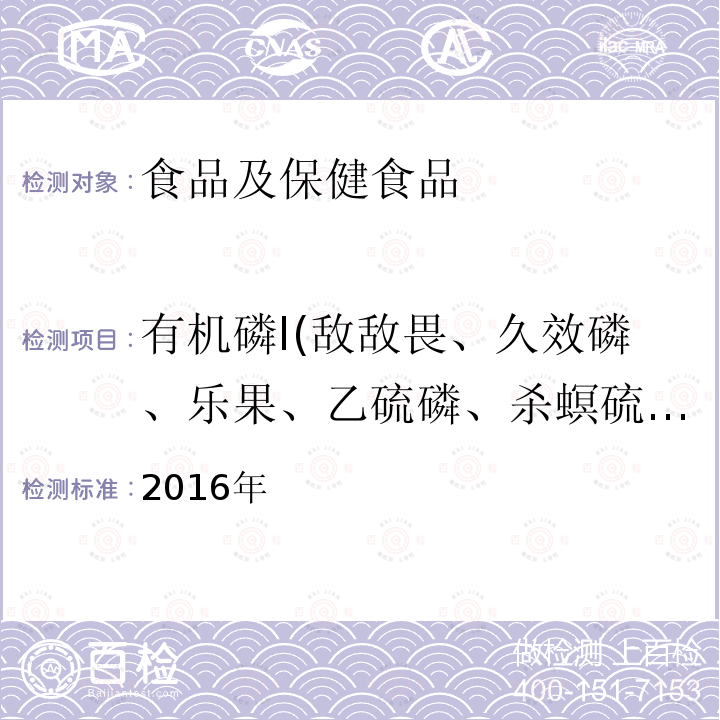 有机磷Ⅰ(敌敌畏、久效磷、乐果、乙硫磷、杀螟硫磷、对硫磷、甲基对硫磷、速灭磷、甲拌磷、巴胺磷、二嗪磷、乙嘧硫磷、甲基嘧啶磷、稻瘟净、水胺硫磷、氧化喹硫磷、稻丰散、甲喹硫磷、克线磷、喹硫磷) 2016年国家食品污染和有害因素风险监测工作手册-植物源性食品中有机磷农药残留量测定的标准操作程序