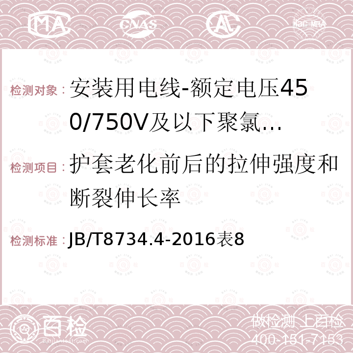 护套老化前后的拉伸强度和断裂伸长率 额定电压450/750V及以下聚氯乙烯绝缘电缆电线和软线 第4部分：安装用电线