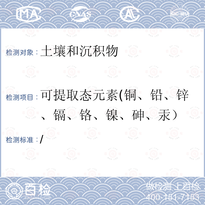 可提取态元素(铜、铅、锌、镉、铬、镍、砷、汞） 全国土壤污染状况详查土壤样品分析方法技术规定 （第一部分 土壤样品无机项目分析测试方法 20-1 可提取态元素(铜、铅、锌、镉、铬、镍、砷） 氯化钙法-电感耦合等离子体质谱法）（环办土壤函[2017]1626号）