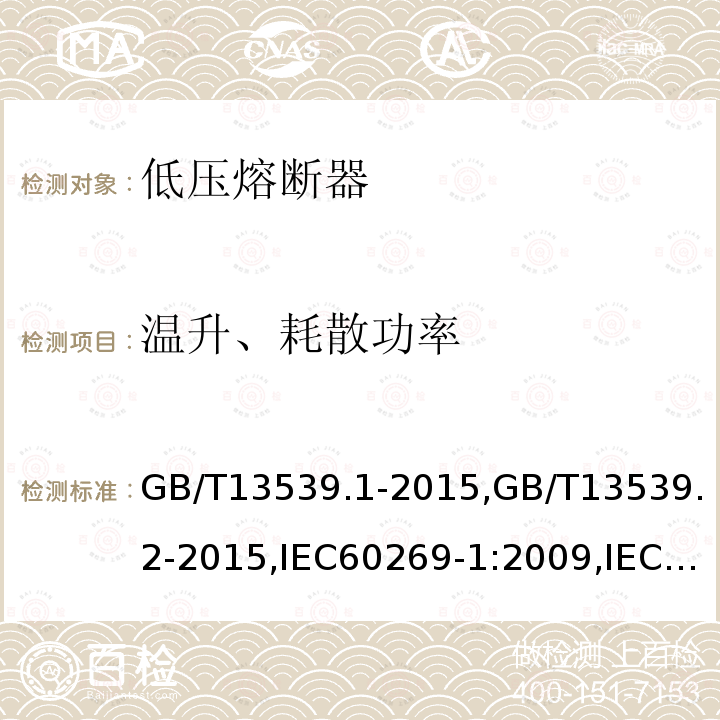 温升、耗散功率 低压熔断器 第1部分：基本要求,低压熔断器 第2部分：专职人员使用的熔断器的补充要求（主要用于工业的熔断器）标准化熔断器系统示例A至I