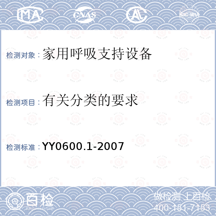 有关分类的要求 医用呼吸机 基本安全和主要性能专用要求　第1部分:家用呼吸支持设备