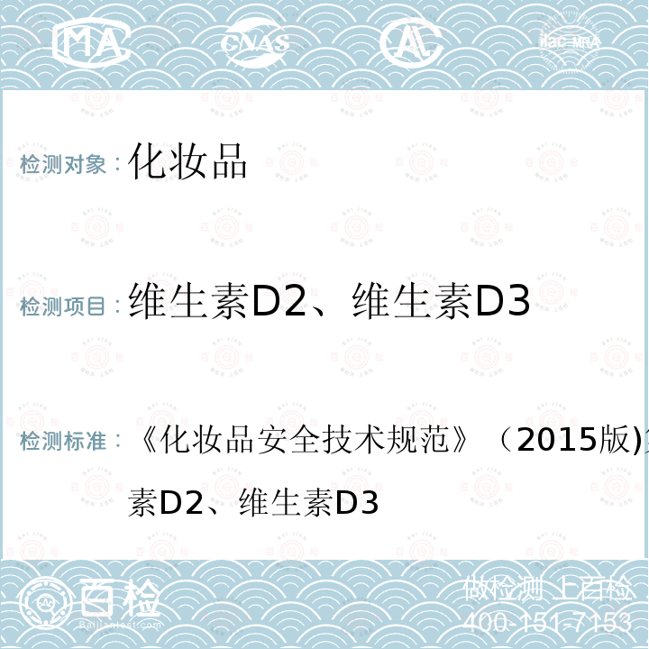 维生素D2、维生素D3 化妆品安全技术规范 （2015版)第四章2.29 维生素D2、维生素D3