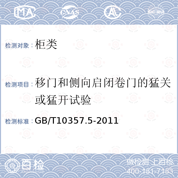 移门和侧向启闭卷门的猛关或猛开试验 家具力学性能试验 第5部分：柜类强度和耐久性