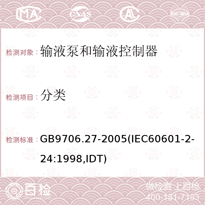 分类 医用电气设备 第2-24部分：输液泵和输液控制器安全专用要求