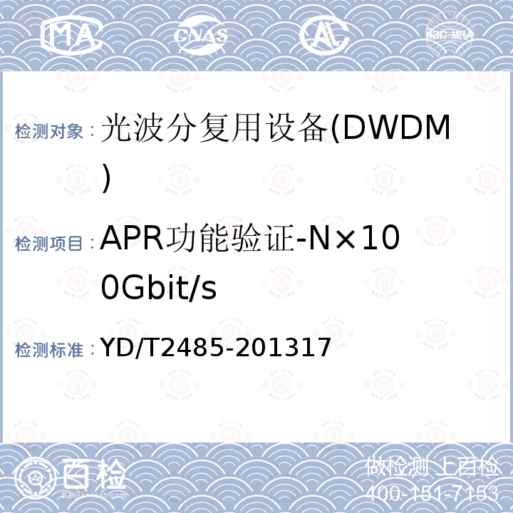 APR功能验证-N×100Gbit/s YD/T 1991-2009 N×40Gbit/s 光波分复用(WDM)系统技术要求