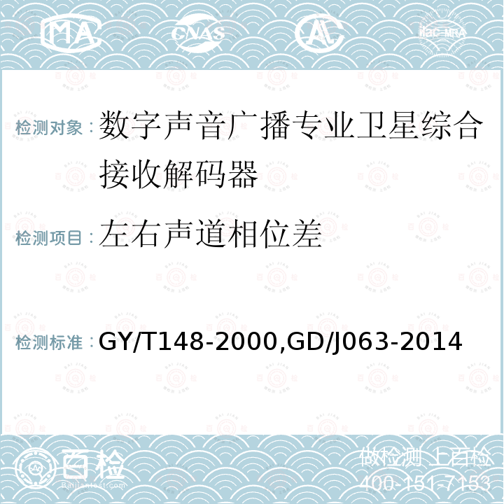 左右声道相位差 卫星数字电视接收机技术要求,
调频频段数字音频广播专业接收解码器技术要求和测量方法