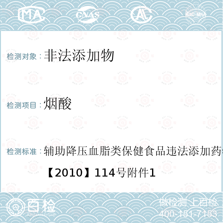 烟酸 辅助降压血脂类保健食品违法添加药物的检测方法 食药监办许【2010】114号 附件1