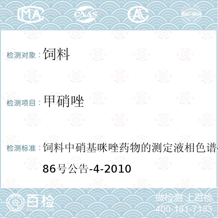 甲硝唑 饲料中硝基咪唑药物的测定 液相色谱-质谱质谱法 农业部1486号公告-4-2010