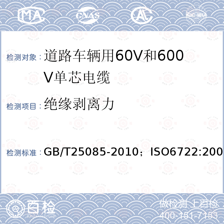 绝缘剥离力 道路车辆用60V和600V单芯电缆