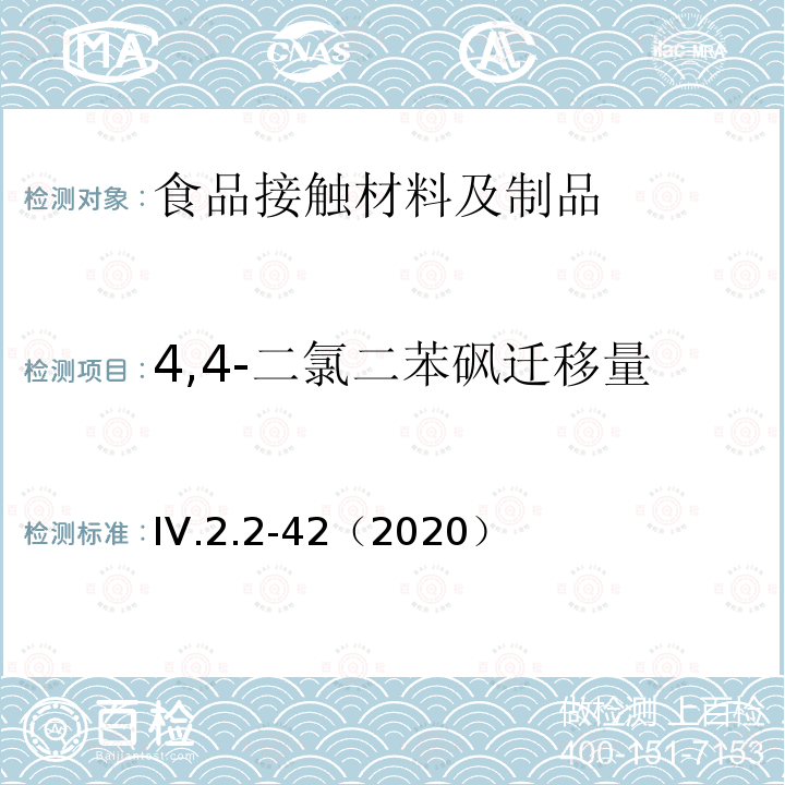 4,4-二氯二苯砜迁移量 韩国食品用器皿、容器和包装标准和规范（2020）