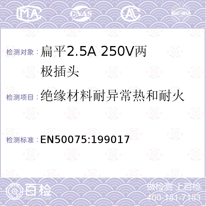 绝缘材料耐异常热和耐火 EN50075:199017 家用或类似用途的连接Ⅱ类器具的平面、带电线的不可接线2.5A250V两极插头