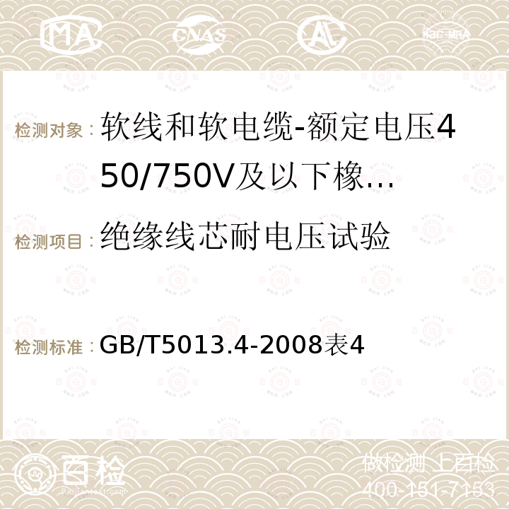 绝缘线芯耐电压试验 额定电压450/750V及以下橡皮绝缘电缆 第4部分：软线和软电缆