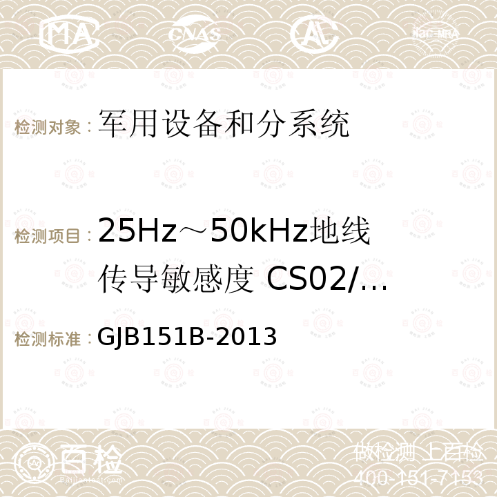 25Hz～50kHz地线传导敏感度 CS02/CS102 军用设备和分系统电磁发射和敏感度要求与测量