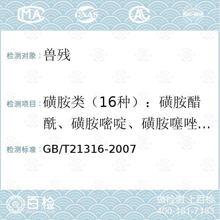磺胺類（16種）：磺胺醋酰、磺胺嘧啶、磺胺噻唑、磺胺吡啶、磺胺甲嘧啶、磺胺甲噻二唑、磺胺二甲嘧啶、磺胺對(duì)甲氧嘧啶、磺胺間甲氧嘧啶、磺胺氯達(dá)嗪、磺胺多辛、磺胺甲噁唑、磺胺甲氧噠嗪、磺胺異惡唑、磺胺間二甲氧嘧啶 動(dòng)物源性食品中磺胺類藥物殘留量的測(cè)定 高效液相色譜-質(zhì)譜質(zhì)譜法