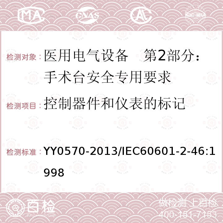 控制器件和仪表的标记 YY 0570-2013 医用电气设备 第2部分:手术台安全专用要求