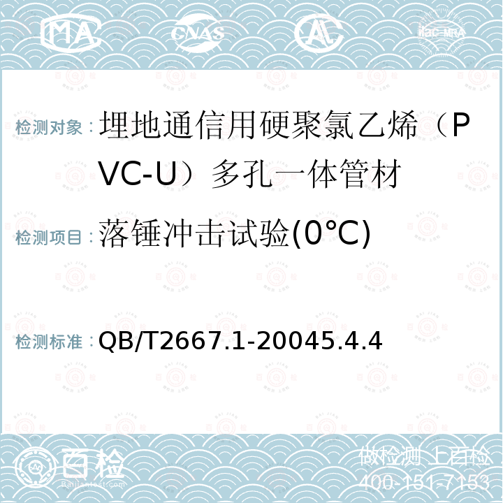 落锤冲击试验(0℃) 埋地通信用多孔一体塑料管材 第1部分：硬聚氯乙烯（PVC-U）多孔一体管材