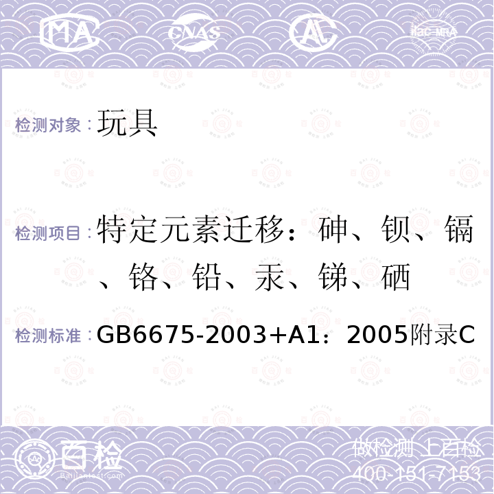 特定元素迁移：砷、钡、镉、铬、铅、汞、锑、硒 国家玩具安全技术规范