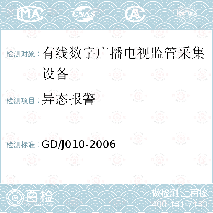 异态报警 有线数字广播电视监管采集设备入网技术要求及测量方法