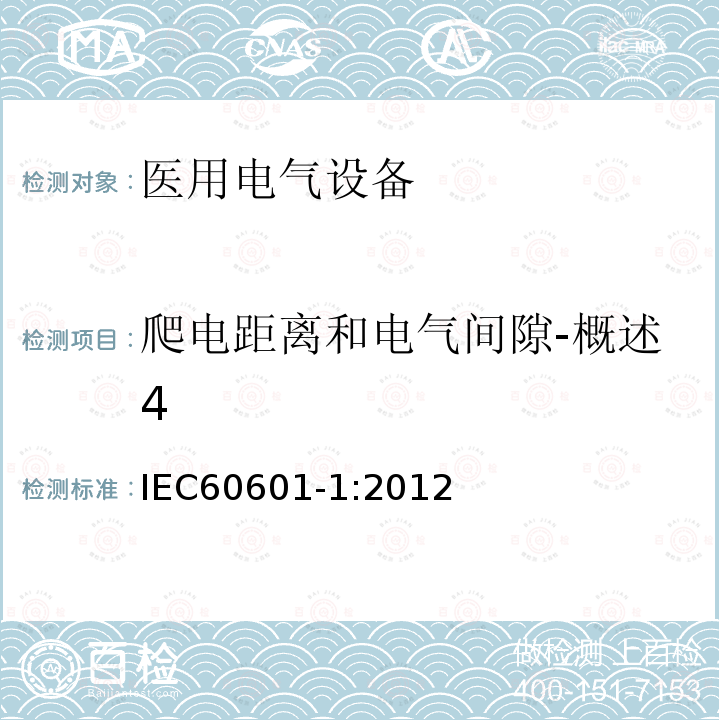 爬电距离和电气间隙-概述4 医用电气设备第1部分：基本安全和基本性能的通用要求 Medical electrical equipment –Part 1: General requirements for basic safety and essential performance