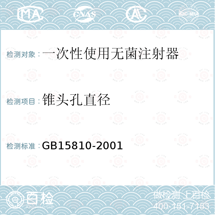 锥头孔直径 GB 15810-2001 一次性使用无菌注射器(包含修改单1)