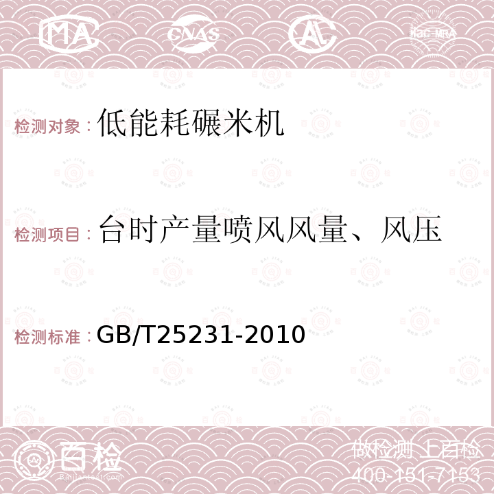 台时产量喷风风量、风压 GB/T 25231-2010 粮油机械 喷风碾米机