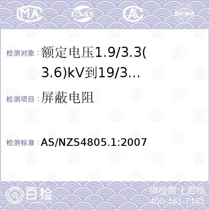 屏蔽电阻 AS/NZS 4805.1-2007 电力电缆附件-试验要求 第1部分：额定电压1.9/3.3(3.6)kV到19/33(36)kV挤包绝缘电力电缆