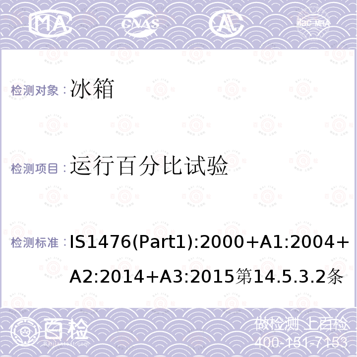 运行百分比试验 IS1476(Part1):2000+A1:2004+A2:2014+A3:2015第14.5.3.2条 家用制冷器具性能—具有或不具有低温间室的冰箱 第1部分 耗电量和性能