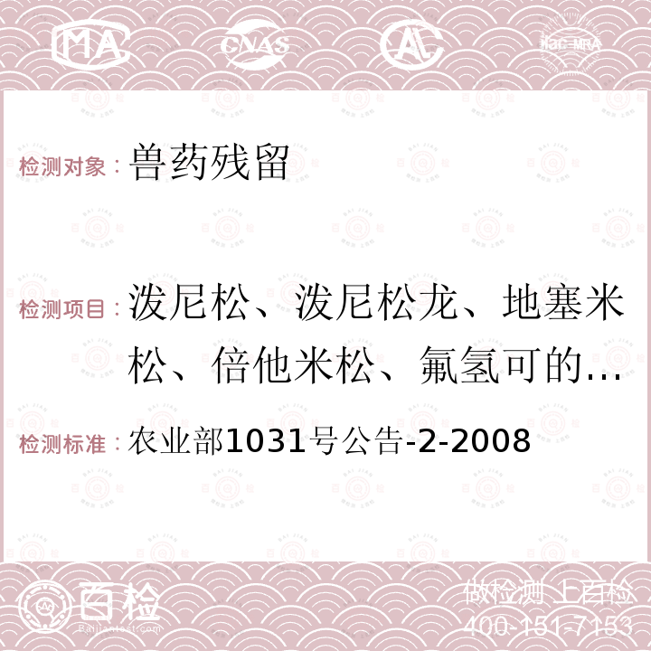 泼尼松、泼尼松龙、地塞米松、倍他米松、氟氢可的松、甲基泼尼松、倍氯米松、氢化可的松 动物源性食品中糖皮质激素类药物多残留检测 液相色谱-串联质谱法