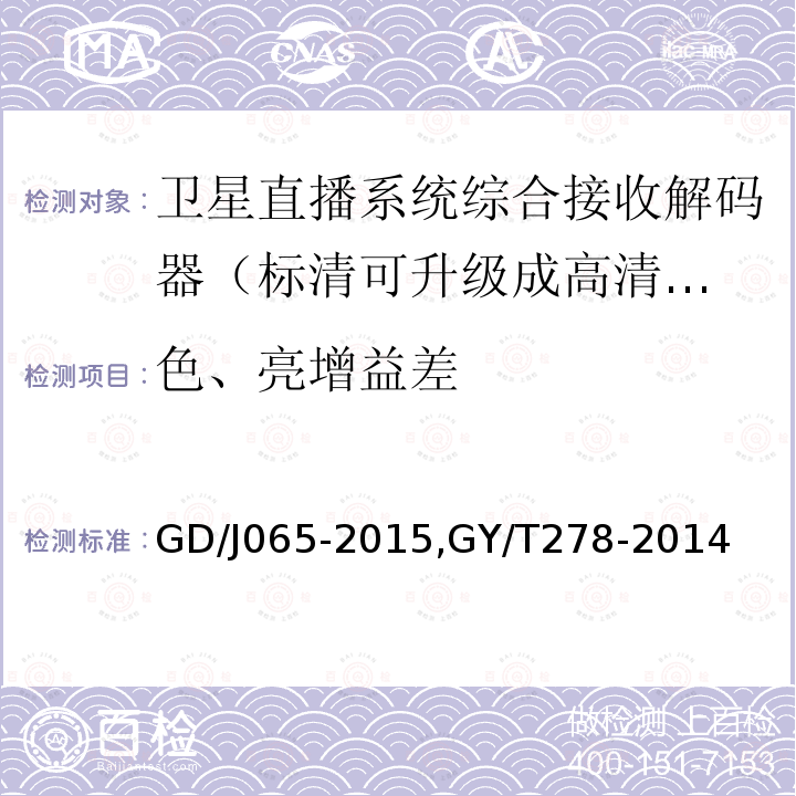 色、亮增益差 卫星直播系统综合接收解码器（标清可升级成高清卫星地面双模型）技术要求和测量方法，
卫星直播系统综合接收解码器（加密标清定位型）技术要求和测量方法