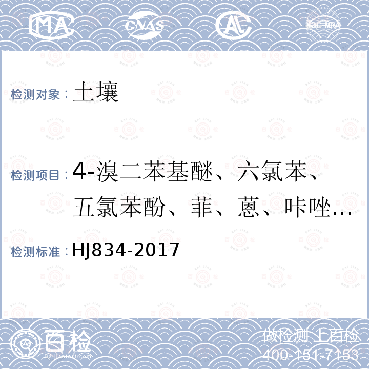 4-溴二苯基醚、六氯苯、五氯苯酚、菲、蒽、咔唑、邻苯二甲酸二正丁酯、荧蒽、芘、邻苯二甲酸丁基苄基酯、苯并[a]蒽、䓛、邻苯二甲酸二（2-二乙基己基）酯 土壤和沉积物 半挥发性有机物的测定 气相色谱-质谱法