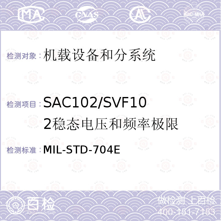 SAC102/SVF102
稳态电压和频率极限 MIL-STD-704E 飞机供电特性