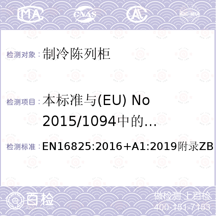 本标准与(EU) No 2015/1094中的能效标签要求之间的关系 EN16825:2016+A1:2019附录ZB 制冷储藏柜和专业用工作台—分类、要求和测试条件
