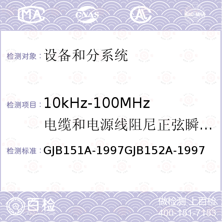 10kHz-100MHz电缆和电源线阻尼正弦瞬变传导敏感度 军用设备和分系统电磁发射和敏感度要求与测量