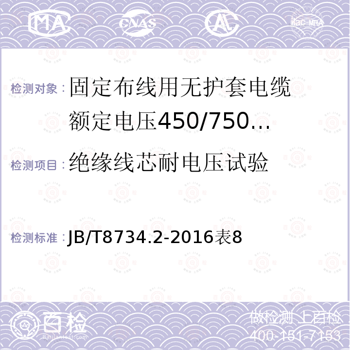 绝缘线芯耐电压试验 额定电压450/750V及以下聚氯乙烯绝缘电缆电线和软线 第2部分: 固定布线用电缆电线