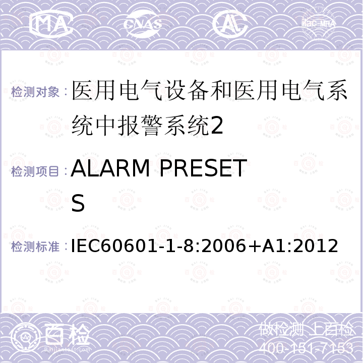 ALARM PRESETS IEC 60601-1-8-2003 医用电气设备 第1-8部分:安全通用要求 并列标准:医用电气设备和医用电气系统中的警报系统的通用要求、测试和指南